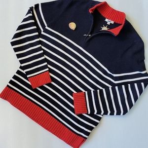 Tabi Women's Navy & White Striped Half-Zip Sweater with Red Trim